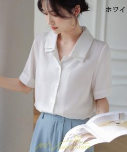 シャツ・ブラウス | トップス ブラウス 半袖 シャツ レディース オフィス フォーマル 白 黒 開襟 二重襟 バブルスリーブ 着痩せ フランス風 仕事服 クラシック 無地 通勤 大人 上品