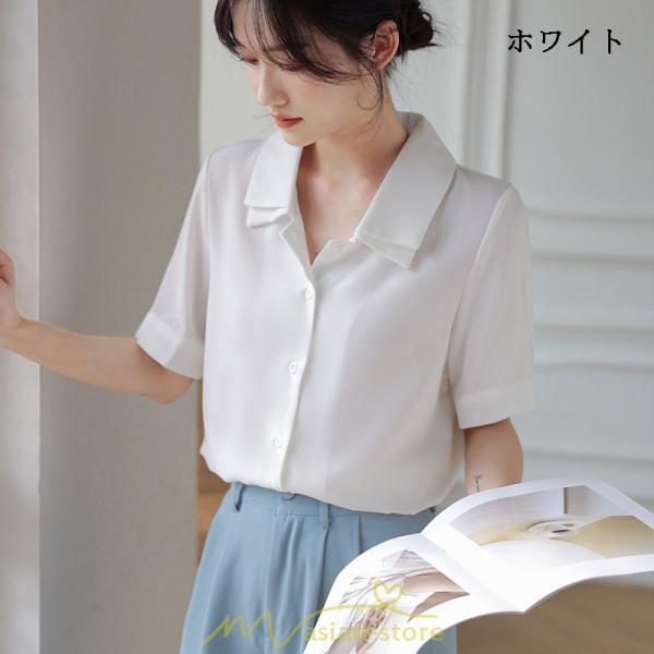 シャツ・ブラウス | トップス ブラウス 半袖 シャツ レディース オフィス フォーマル 白 黒 開襟 二重襟 バブルスリーブ 着痩せ フランス風 仕事服 クラシック 無地 通勤 大人 上品