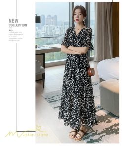 マキシ | ワンピース レディース マキシワンピース 小花柄 Vネック 半袖 5分袖 サマーワンピース シフォン Aラインワンピース 春 エレガント 夏 ウエストゴム ロング丈