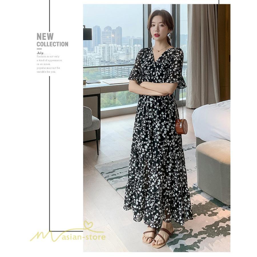 マキシ | ワンピース レディース マキシワンピース 小花柄 Vネック 半袖 5分袖 サマーワンピース シフォン Aラインワンピース 春 エレガント 夏 ウエストゴム ロング丈