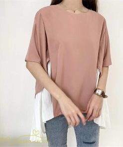 シャツ・ブラウス | ブラウス 夏服 レディース 半袖 五分袖 トップス 切り替え フェイク シフォン 涼感 通気性 無地 可愛い 女っぽい ゆったり 50代60代 大人 揺れる 30代40代