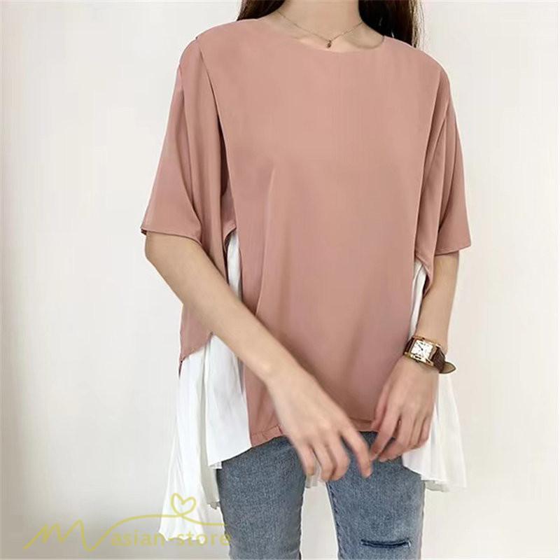 シャツ・ブラウス | ブラウス 夏服 レディース 半袖 五分袖 トップス 切り替え フェイク シフォン 涼感 通気性 無地 可愛い 女っぽい ゆったり 50代60代 大人 揺れる 30代40代