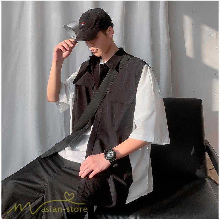 シャツ | ライトアウター メンズ ワイドカジュアル 切り替え トップス ゆったり 5分袖 韓国風 カッコウイイ ゆる夏コーデ オーバーサイズ 大きいサイズ