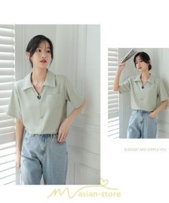 シャツ・ブラウス | ブラウス シャツ 夏 半袖 レディース 白 緑 無地 Vネック 開襟 胸ポケット 通気性 シンプル フランス風 女性 オフィス エレガント 上品 着痩せ 通勤 華奢見え OL