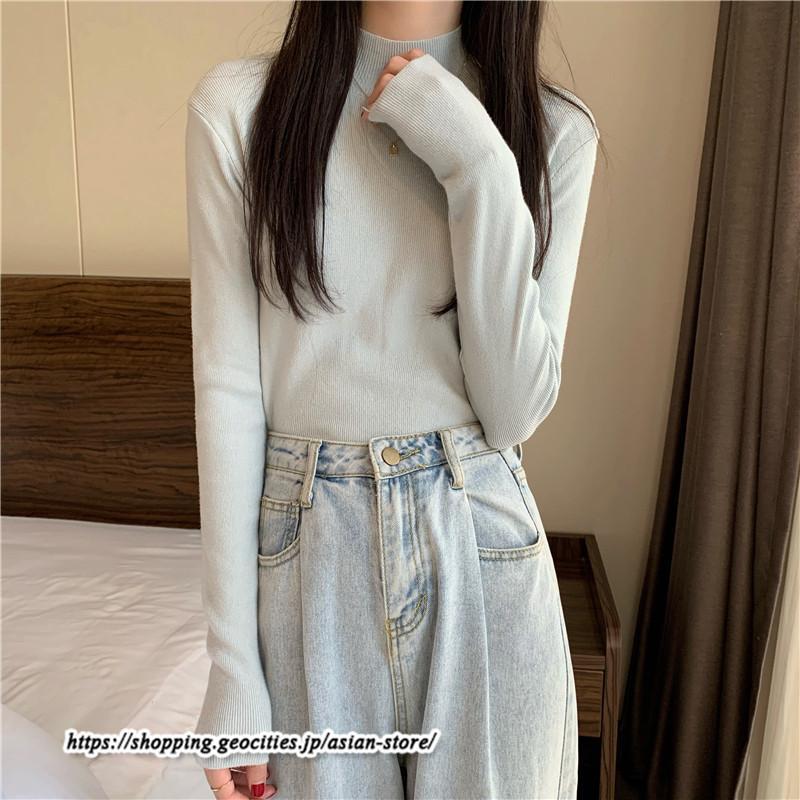 ニット・セーター | カットソー ニット レディース リブニット 長袖 秋冬 春 トップス スリム ストレッチ インナー 無地 プルオーバー 通学通勤 長袖ニット 長袖カットソー 着痩せ