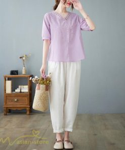 tシャツ・カットソー | Tシャツ ブラウス レディース Vネック カジュアル エレガント 半袖 30代 40代 カットソー 夏新作 おしゃれ 大きいサイズ 体型カバー コットン 麻混 ゆったり