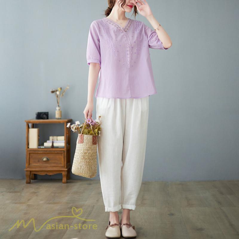 tシャツ・カットソー | Tシャツ ブラウス レディース Vネック カジュアル エレガント 半袖 30代 40代 カットソー 夏新作 おしゃれ 大きいサイズ 体型カバー コットン 麻混 ゆったり