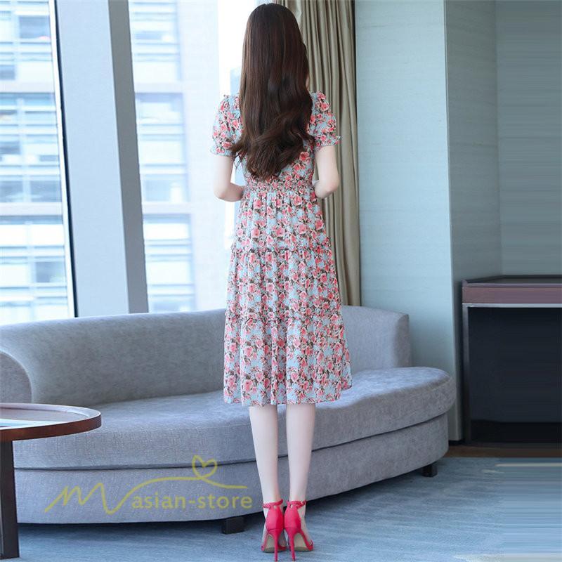 ミディアム | ワンピース レディース Aライン カジュアル Vネック サマー 半袖 ひざ丈 ミディアムワンピース 大きいサイズ 上品 花柄 着痩せ サマーワンピース 夏服