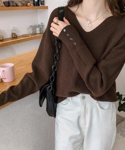 ニット・セーター | ボタン飾り 秋冬 無地 ニットトップス レディース 長袖 ニットセーター シンプルニット プルオーバー きれいめ Vネック