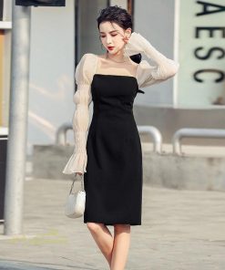 ミディアム | タイトワンピース レディース 膝丈ワンピース 長袖 スクエアネック 黒ワンピ ベルスリーブ 切り替え 着痩せ 美腰 ヒップアップ お出かけ 上品 パーティードレス