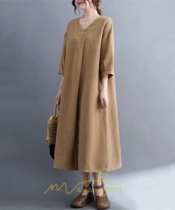 送料無料SALE | 夏ワンピース 五分袖 麻ワンピース Aラインワンピース 大きめ ゆったり 無地 Vネック ミモレ丈 ロングワンピース 女っぽい 通学通勤 30代40代 可愛い 大人
