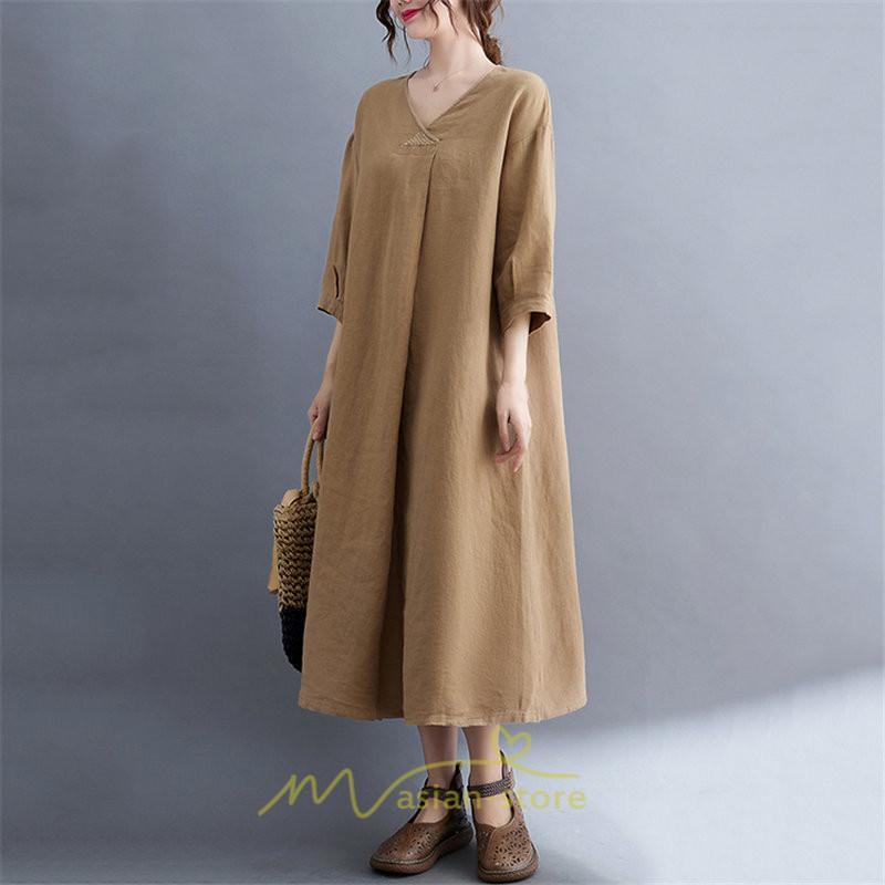 送料無料SALE | 夏ワンピース 五分袖 麻ワンピース Aラインワンピース 大きめ ゆったり 無地 Vネック ミモレ丈 ロングワンピース 女っぽい 通学通勤 30代40代 可愛い 大人