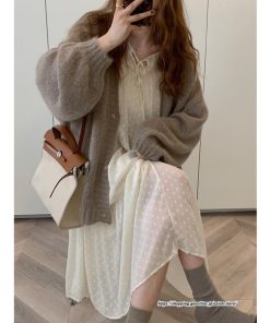 カーディガン | ニットミドル丈 レディース 羽織り ライトアウター 長袖 ニット セーター フロントボタン ボリューム 大きめ ゆったり パフスリーブ