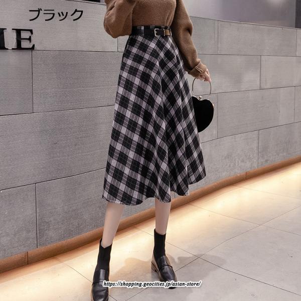 スカート | ロングミモレ レディース フレア Aライン ハイウエスト おしゃれ ゆったり ひざ下 体型カバー チェック柄 ラシャ ベルト付き 30代 20代 40代