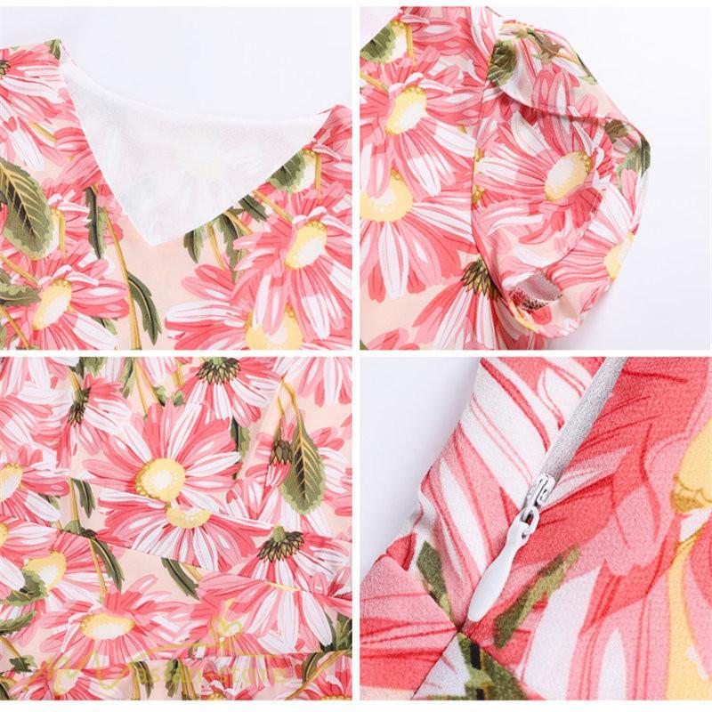 ミディアム | ワンピース レディース Vネック 半袖 花柄 おしゃれ Aライン ミディアムワンピース 着やせ エレガント 大きいサイズ 上品 膝丈 20代 30代 大人 40代