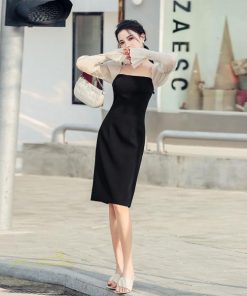 ミディアム | タイトワンピース レディース 膝丈ワンピース 長袖 スクエアネック 黒ワンピ ベルスリーブ 切り替え 着痩せ 美腰 ヒップアップ お出かけ 上品 パーティードレス