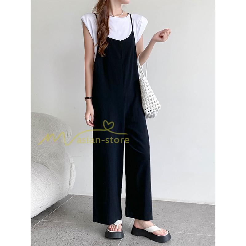 オーバーオール サロペット | サロペット オーバーオール オールインワン ワイドパンツ レディース 無地 キャミ ガウチョ 20代30代40代 着痩せ 可愛い 送料無料 ワイドサロペット