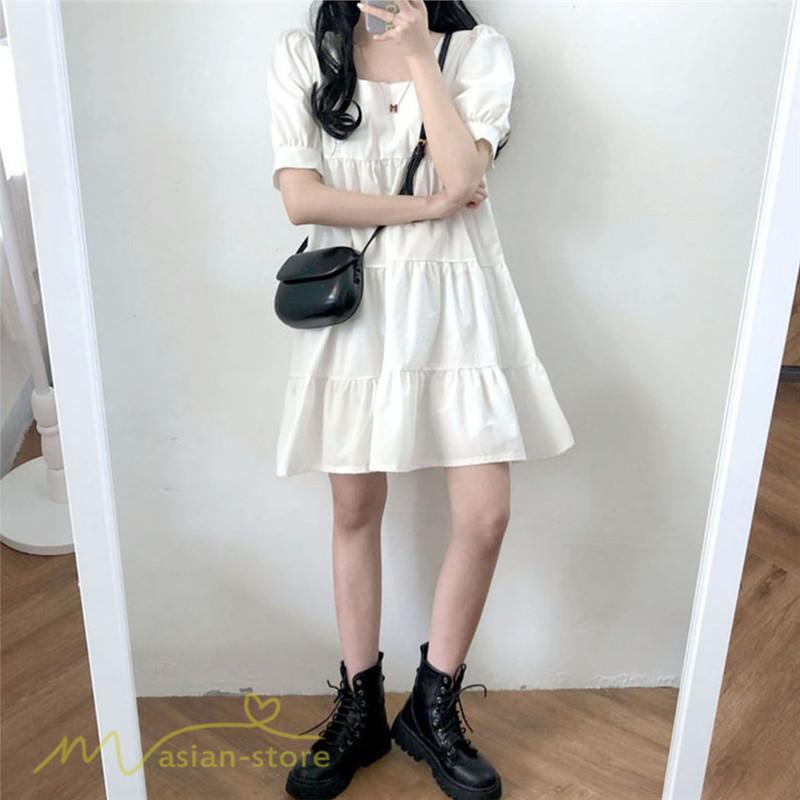 ミニ丈 | ワンピース 無地 レディース ショートワンピース 半袖 かわいい スクエアネック サマーワンピース 夏新作 カジュアル 黒 Aラインワンピース XL ゆったり 白