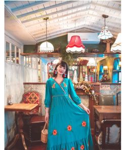 マキシ | ワンピース レディースワンピース 春夏 マキシワンピース ハイウエスト 長袖 二次会 通勤 OL 40代 着痩せ 刺繍 Vネック Aライン カジュアル エスニック 4色