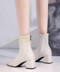 ショートブーツ | ブーティー ブーツ レディース シューズ 靴 太ヒール チャンキーヒール 合皮ブーツ PUブーツ くつ 黒靴 春秋冬 後ろファスナー 大人 美脚