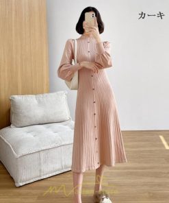 ニットワンピース | レディース 冬 きれいめ ニットフレア ロング おしゃれ ハイネック パフスリーブ 着痩せ エレガント おしゃれ フェミニン 送料無料 可愛い