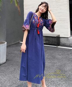 マキシ | ワンピース 半袖 夏物 レディース 秋服 綿麻 刺繍 フレアスリーブ ロングワンピース ミモレ丈 五分袖 ウエストゴム 大人 30代40代 Aラインワンピ リボン付き