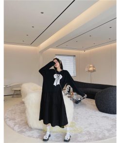 マキシ | 切り替えワンピース 長袖ワンピース 大きいサイズ ゆったり 体型カバー 黒ワンピース プリント ちょう 30代50代 かわいい 秋物 大人40代 レディース