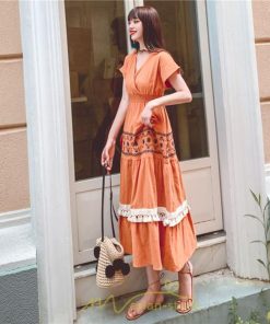 マキシ | ワンピース エスニック 綿麻 エスニックファッション 春ワンピ 夏ワンピ コットン リネン かわいい おしゃれ ハイウエスト バカンス 刺繍 Vネック リゾート 旅行