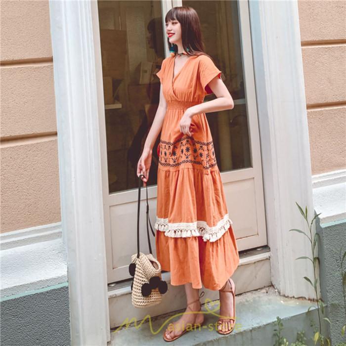 マキシ | ワンピース エスニック 綿麻 エスニックファッション 春ワンピ 夏ワンピ コットン リネン かわいい おしゃれ ハイウエスト バカンス 刺繍 Vネック リゾート 旅行