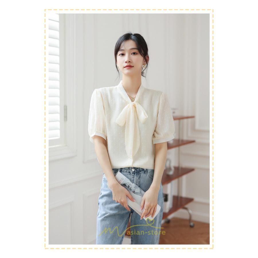シャツ・ブラウス | ブラウス レディース おしゃれ きれいめ 半袖ブラウス カジュアル 無地 フォーマル オフィス オフホワイト 黒 シフォン OL 蝶結び 通勤 新作 お出かけ ビジネス
