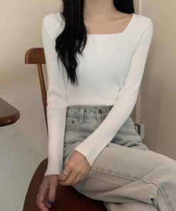 ニット・セーター | スクエアネック リブニットトップス 秋冬