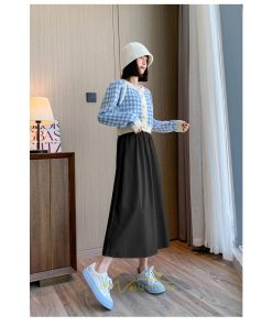 スカート | Pu秋冬 合皮ロングウエストゴム Aラインゆったり 体型カバー ハイウエスト 大人 無地 通学通勤 フレア 広い幅 可愛い