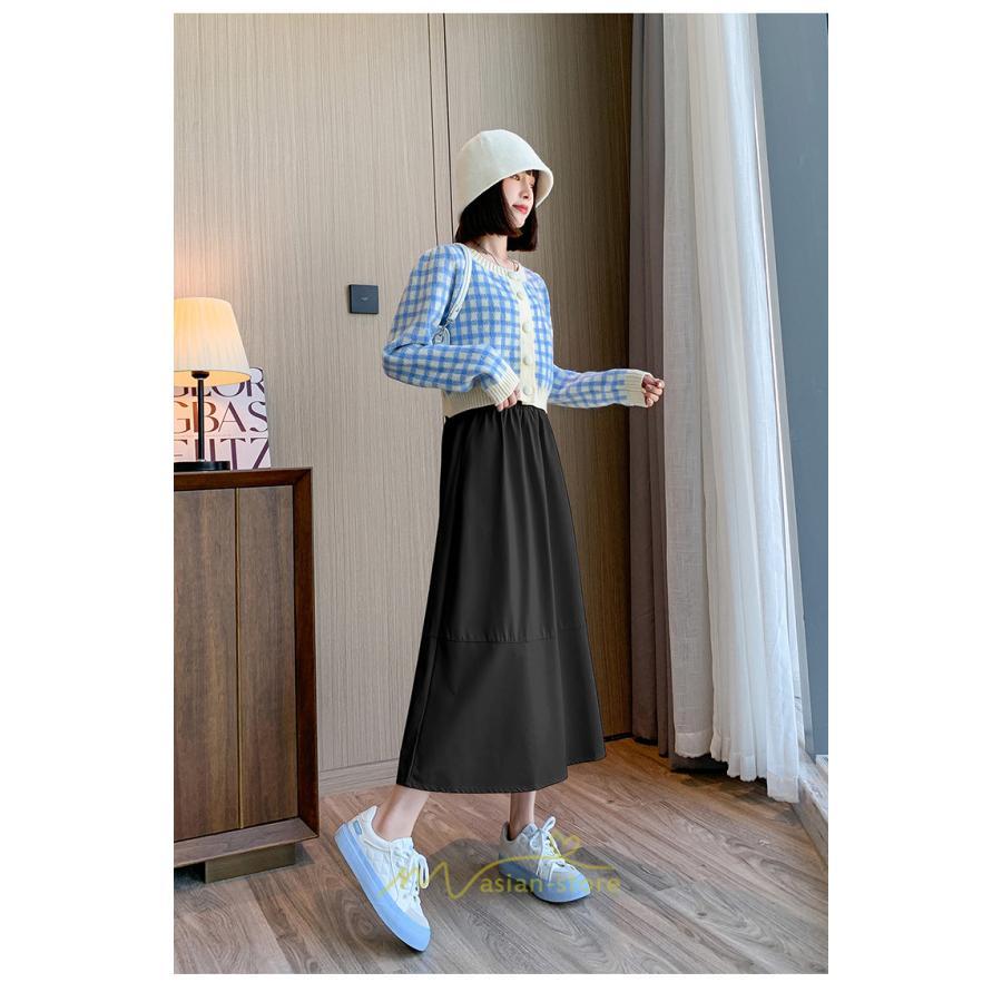 スカート | Pu秋冬 合皮ロングウエストゴム Aラインゆったり 体型カバー ハイウエスト 大人 無地 通学通勤 フレア 広い幅 可愛い