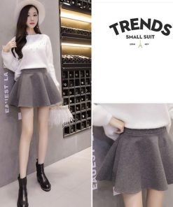 スカート | 秋冬ツイードフレアミニウエストゴム Aラインハイウエスト 無地 黒可愛い 膝上丈 大人 30代