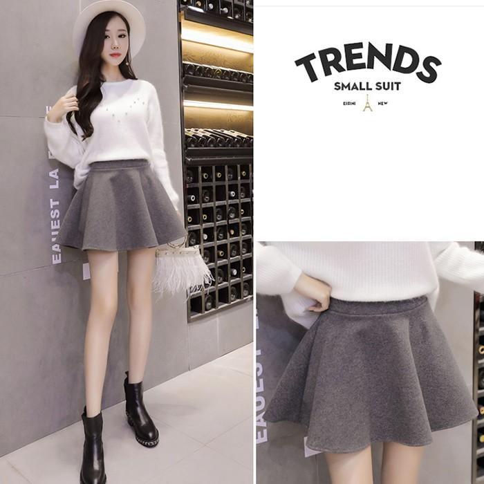 スカート | 秋冬ツイードフレアミニウエストゴム Aラインハイウエスト 無地 黒可愛い 膝上丈 大人 30代