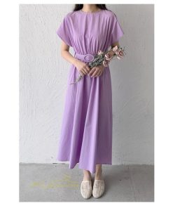 マキシ | 夏ワンピース ロングワンピース フレア 無地 半袖 ベルト付き Aラインワンピース レディース ワンピ 可愛い 体型カバー 大きいサイズ ゆったり カジュアル