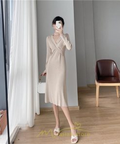 ニットワンピース | 二ットワンピース レディース ニットワンピ Vネック 長袖 トップス チュニック ロング丈 ミモレ丈 着痩せ 秋 冬 コーデ 20代30代40代 フェミニン 上品 大人