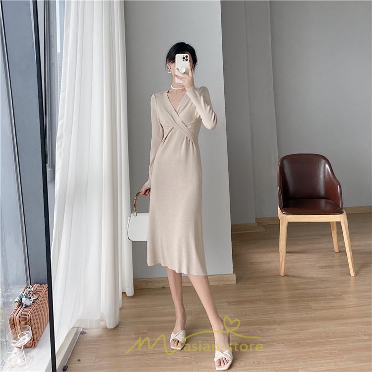 ニットワンピース | 二ットワンピース レディース ニットワンピ Vネック 長袖 トップス チュニック ロング丈 ミモレ丈 着痩せ 秋 冬 コーデ 20代30代40代 フェミニン 上品 大人