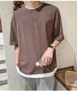 Tシャツ | メンズ 夏物 半袖 五分袖 フェイク レイヤード 重ね着 無地 おしゃれ プルオーバー オーバーサイズ しっかり ロングｔ 男 20代 カジュアル 30代