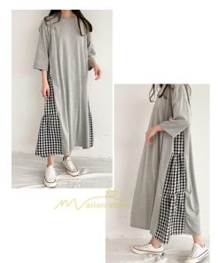 マキシ | ワンピース レディース 40代 ロングワンピース 春夏 切り替え チェック柄 お洒落 長袖 ゆったり カジュアル 通勤 30代 体型カバー 重ね着風 着痩せ 大きいサイズ