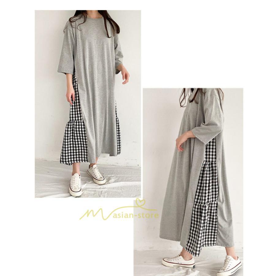 マキシ | ワンピース レディース 40代 ロングワンピース 春夏 切り替え チェック柄 お洒落 長袖 ゆったり カジュアル 通勤 30代 体型カバー 重ね着風 着痩せ 大きいサイズ