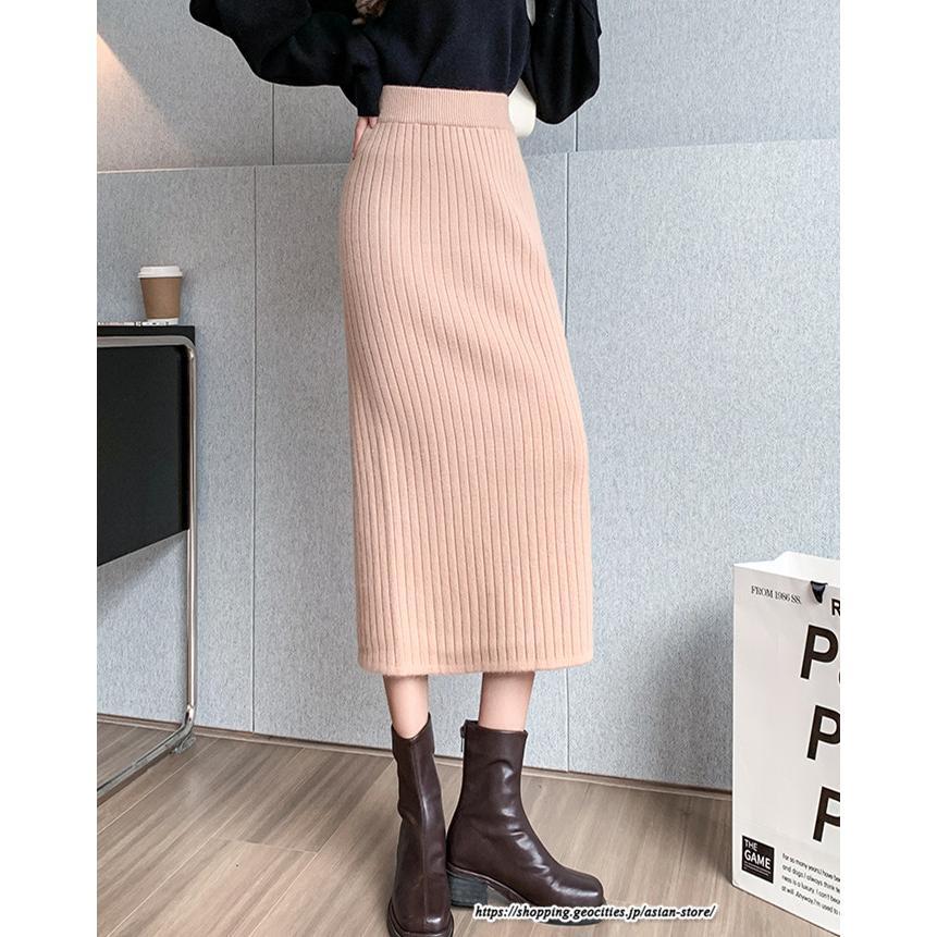 スカート | ニットストレッチレディース 秋冬 ロング丈 ミモレ丈 後ろスリット入れ タイトウエストゴム スリム リブニット 大人