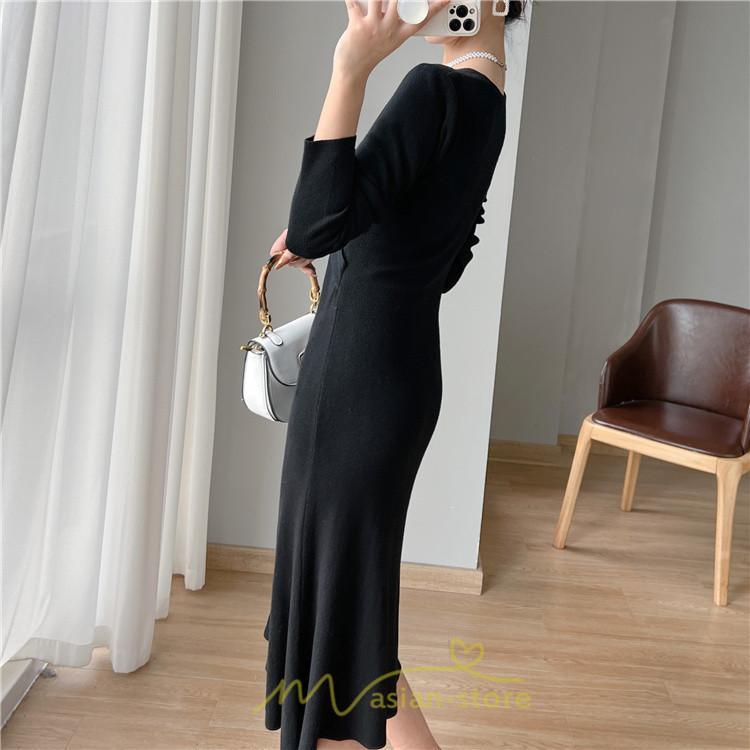 ニットワンピース | 二ットワンピース レディース ニットワンピ Vネック 長袖 トップス チュニック ロング丈 ミモレ丈 着痩せ 秋 冬 コーデ 20代30代40代 フェミニン 上品 大人