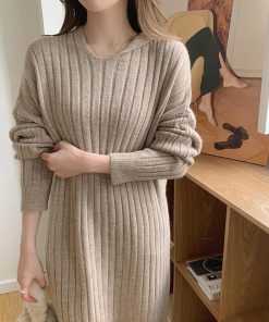 ニットワンピース | ワンピース 秋冬 太めリブニット ロングワンピース ミモレ丈 無地 フード付き 帽子 ストレッチ 大人 セーター 50代 長袖 20代30代 アウター