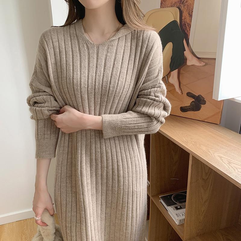 ニットワンピース | ワンピース 秋冬 太めリブニット ロングワンピース ミモレ丈 無地 フード付き 帽子 ストレッチ 大人 セーター 50代 長袖 20代30代 アウター