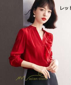 シャツ・ブラウス | ブラウス レディース シャツ トップス 赤 長袖シャツ 無地 オフィス カジュアル おしゃれ シフォン 通勤 フリル 可愛い オシャレ キレイめ ナチュラル 上品