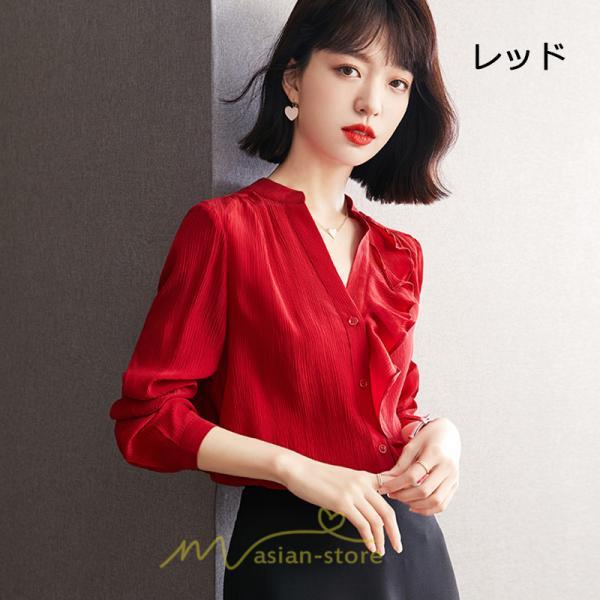 シャツ・ブラウス | ブラウス レディース シャツ トップス 赤 長袖シャツ 無地 オフィス カジュアル おしゃれ シフォン 通勤 フリル 可愛い オシャレ キレイめ ナチュラル 上品