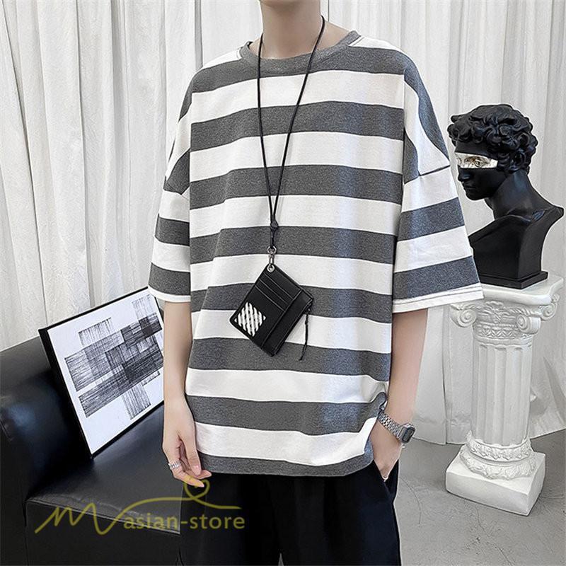 Tシャツ | カットソー 半袖トップス メンズボーダー カジュアル クルーネック ゆったり 夏新作 夏服 シンプル おしゃれ 大きいサイズ 5分袖