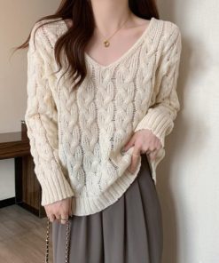 ニット・セーター | ケーブル編みニットトップス Vネック春秋