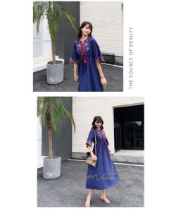 マキシ | ワンピース 半袖 夏物 レディース 秋服 綿麻 刺繍 フレアスリーブ ロングワンピース ミモレ丈 五分袖 ウエストゴム 大人 30代40代 Aラインワンピ リボン付き